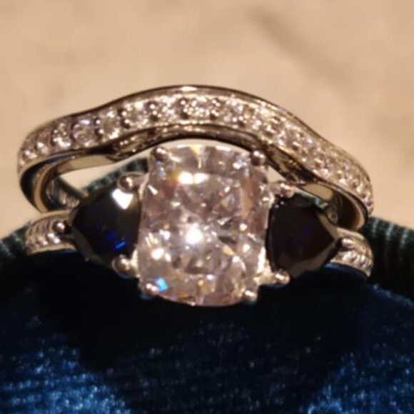 Diamonique Jewelry - Diamonique & Simulated Sapphire Bridal Ring Set, Platinum Clad - Size 7